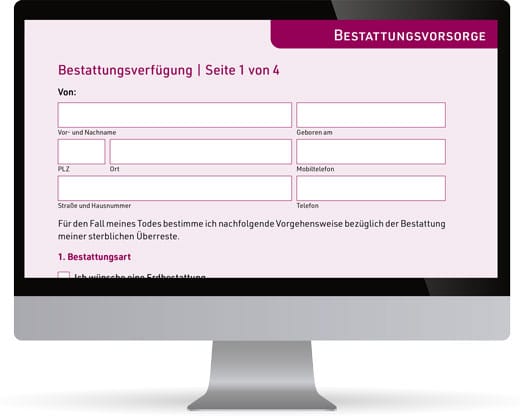 Das Bild zeigt einen Computerbildschirm, auf dem ein Formular für di Bestattungsverfügung zu sehen ist.