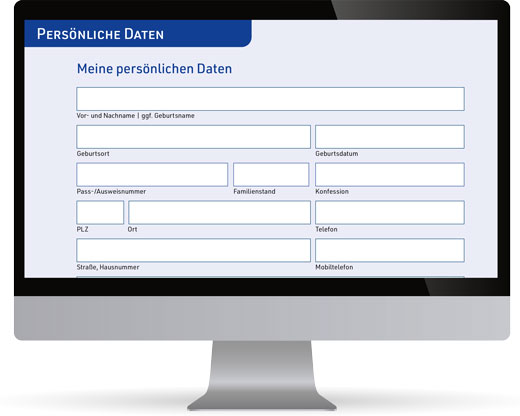 Das Bild zeigt einen Computerbildschirm, auf dem das Formular für persönliche Daten zu sehen ist