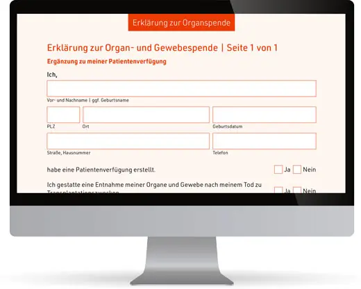 Das Bild zeigt einen Computerbildschirm, auf dem das Formular für die Organspendeerklärung zu sehen ist